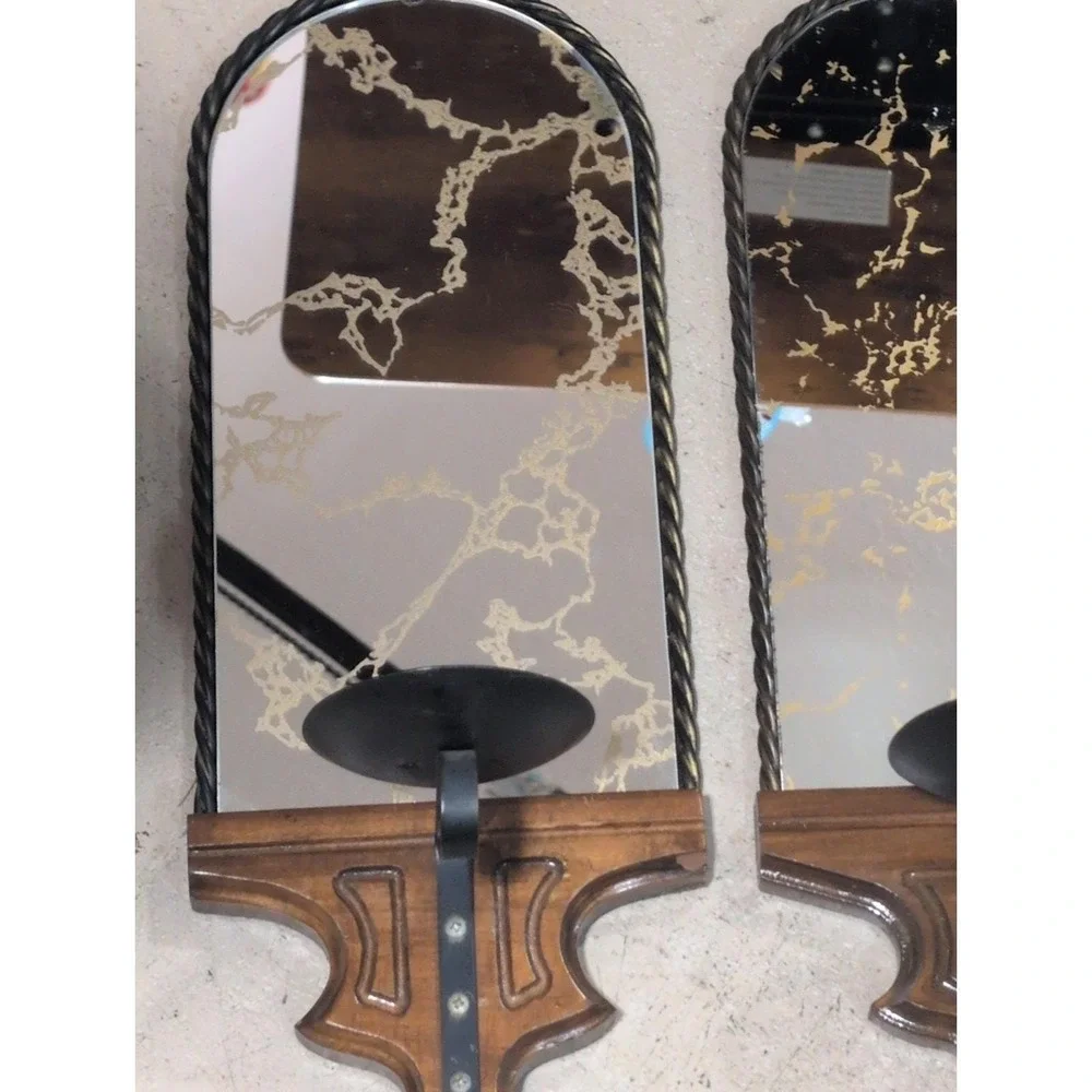 Vtg 3 Homco Mcm Gothic Spanish Smoked Mirrored Candle Wall Sconce Wood Metal